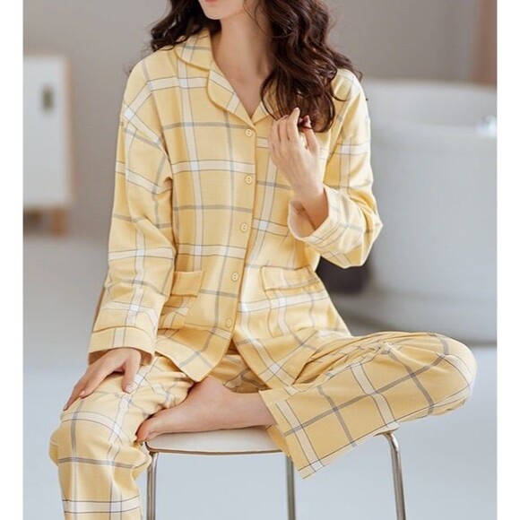 100% Cotton Women Pajama Set 2Pcs Long Sleeve Sleepwear Button Down Yellow Plaid - Picture 8 of 9